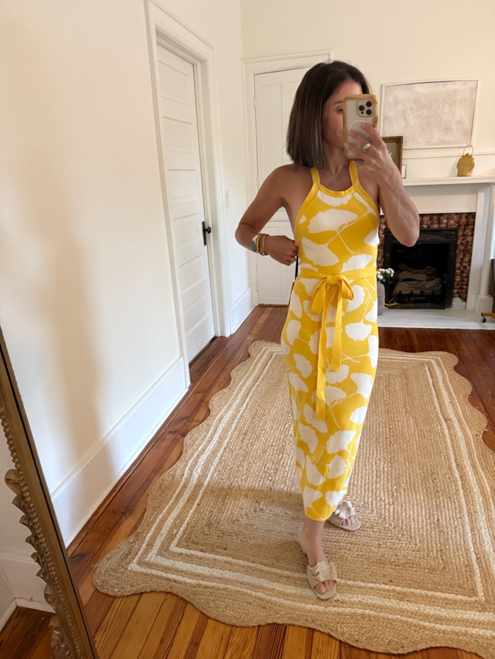 Yellow Floral Halter Maxi Dress with Waist Tie